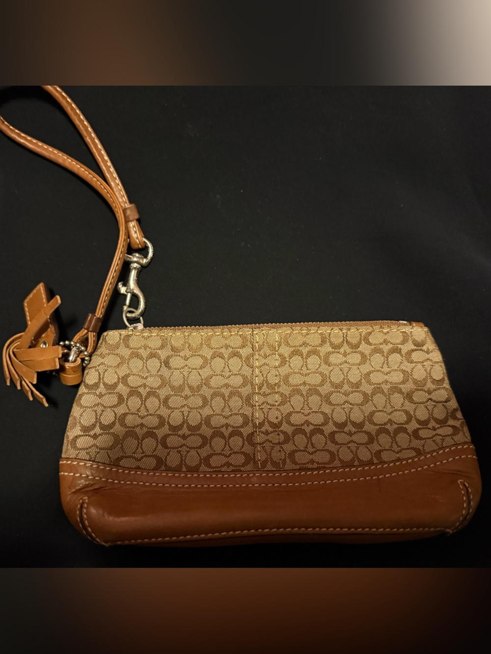 Coach Brown Signature Canvas Wristlet with Tan Leather Trim